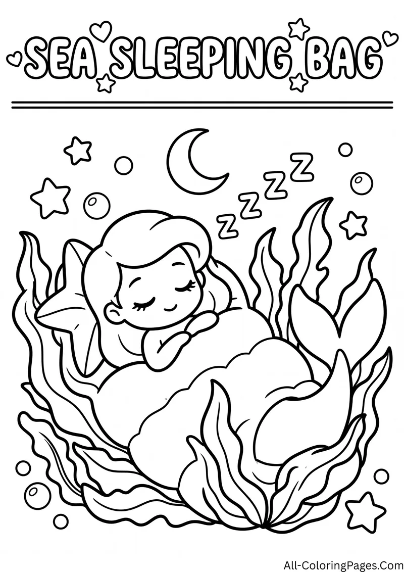 Mermaid sleeping in a seaweed sleeping bag under a crescent moon with stars and the letters Z, with the title Sea Sleeping Bag
