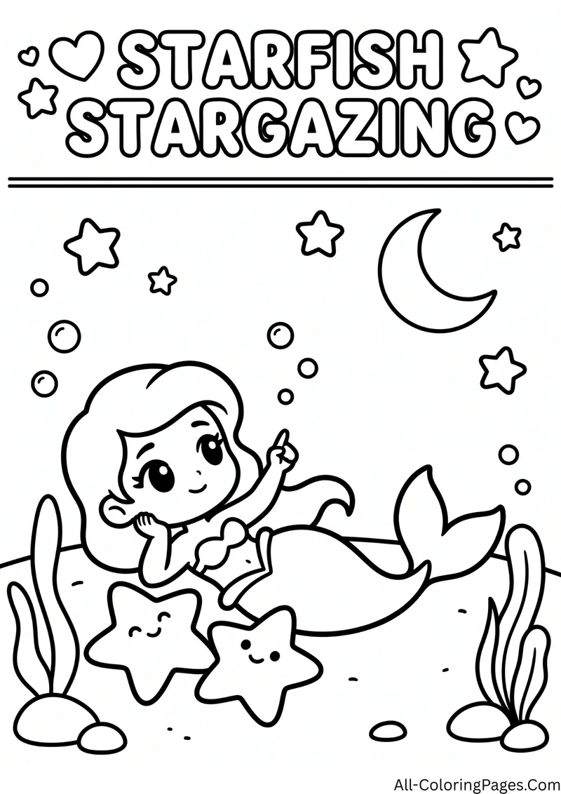Mermaid lying on the sand beside two smiling starfish looking up at a crescent moon, with the title Starfish Stargazing