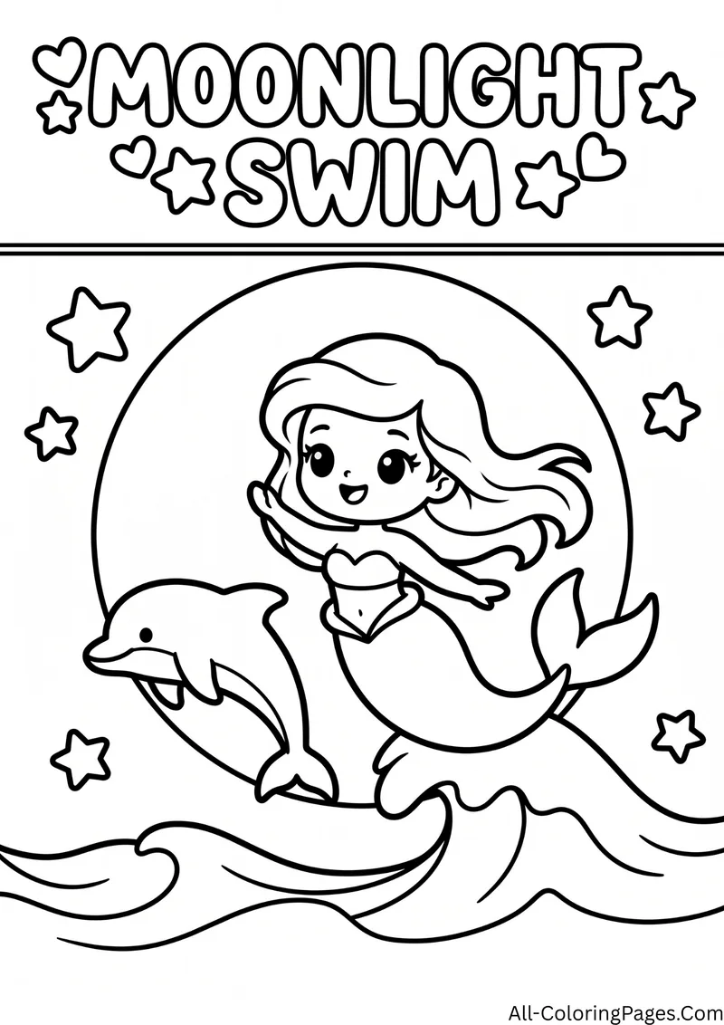 Mermaid and a dolphin jumping from the waves in front of a full moon with stars, with the title Moonlight Swim