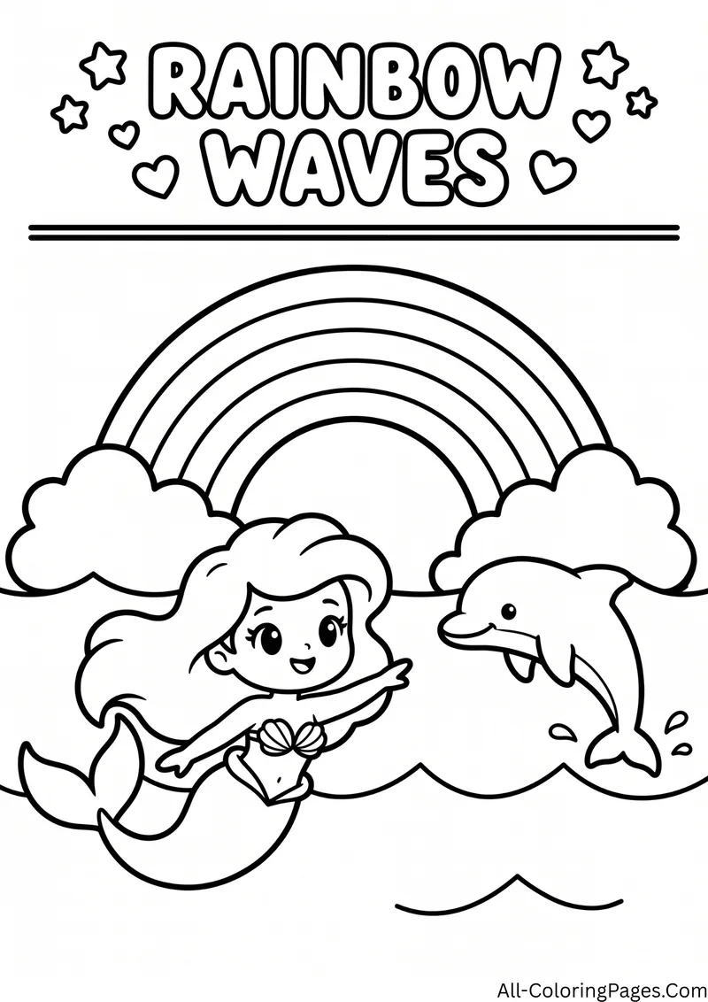 Mermaid swimming with a dolphin under a rainbow with clouds, with the title Rainbow Waves