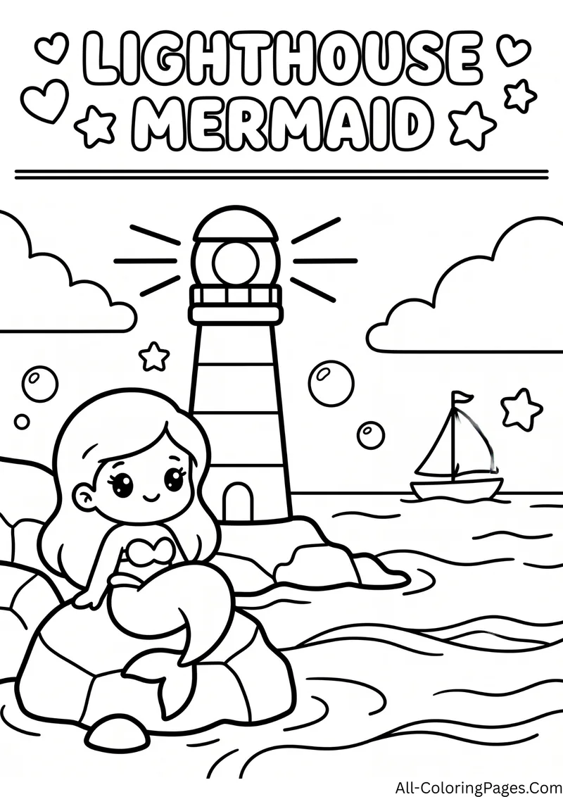 Mermaid sitting on a rock near a lighthouse with a sailboat and clouds, with the title Lighthouse Mermaid