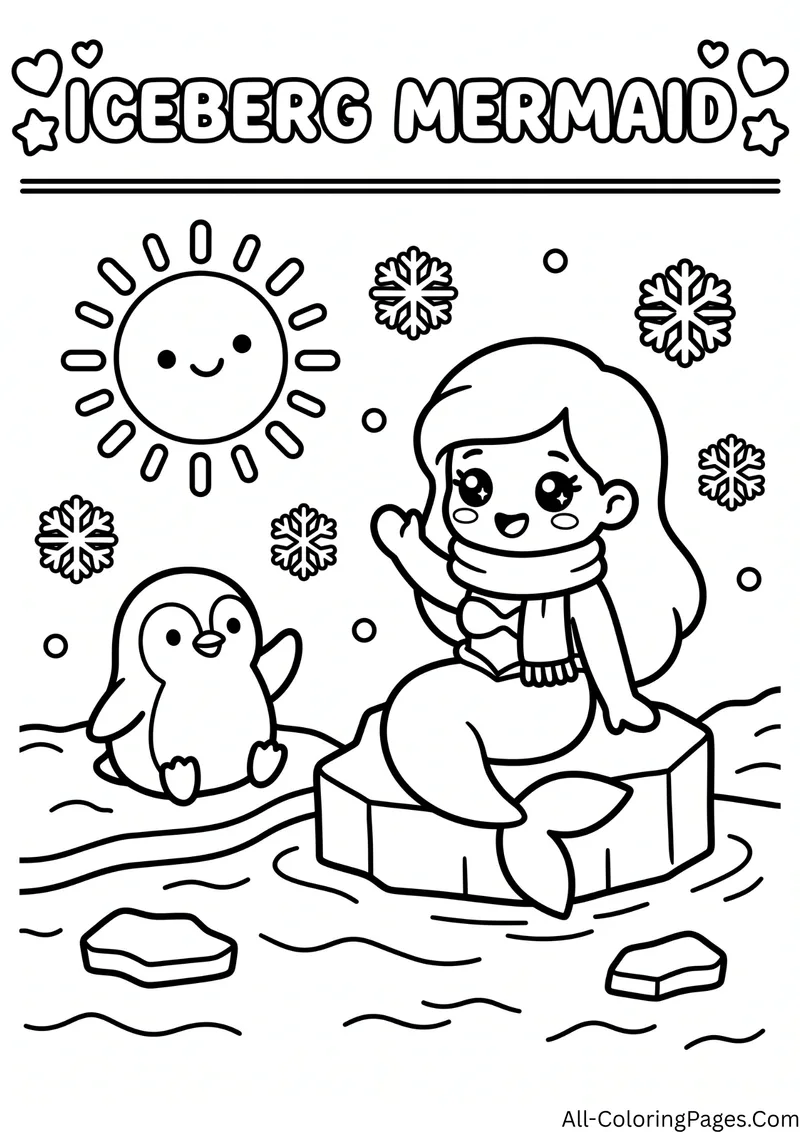 Mermaid wearing a scarf sitting on an ice floe next to a penguin, with snowflakes and a sun, and the title Iceberg Mermaid