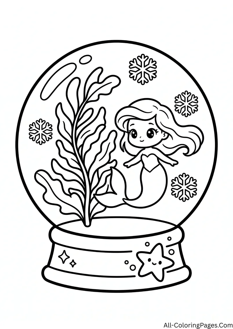 Small mermaid swimming inside a snow globe with kelp and snowflakes, with a starfish on the base