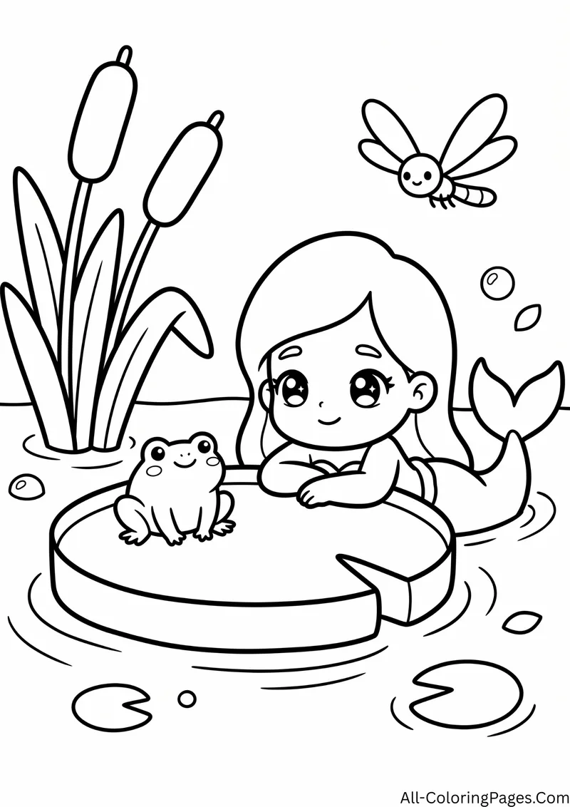 Mermaid resting on a large lily pad with a frog, cattails and a dragonfly