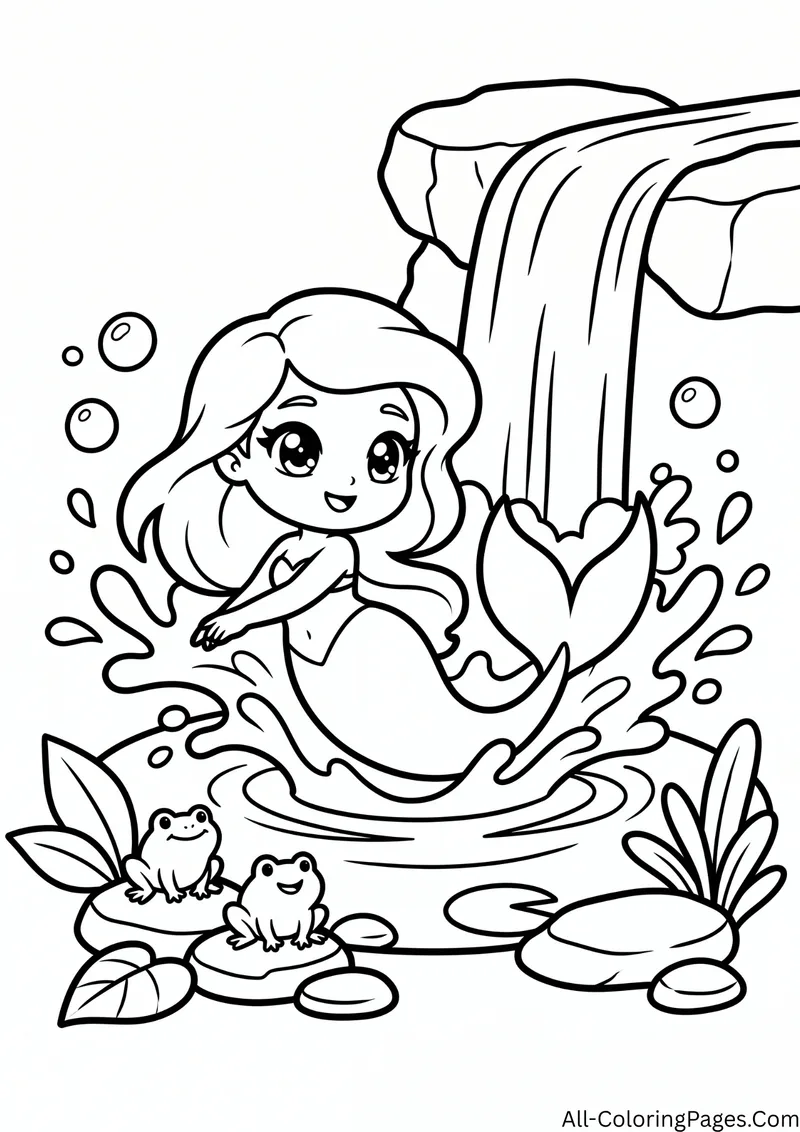 Mermaid splashing under a waterfall with two frogs on rocks and leaves