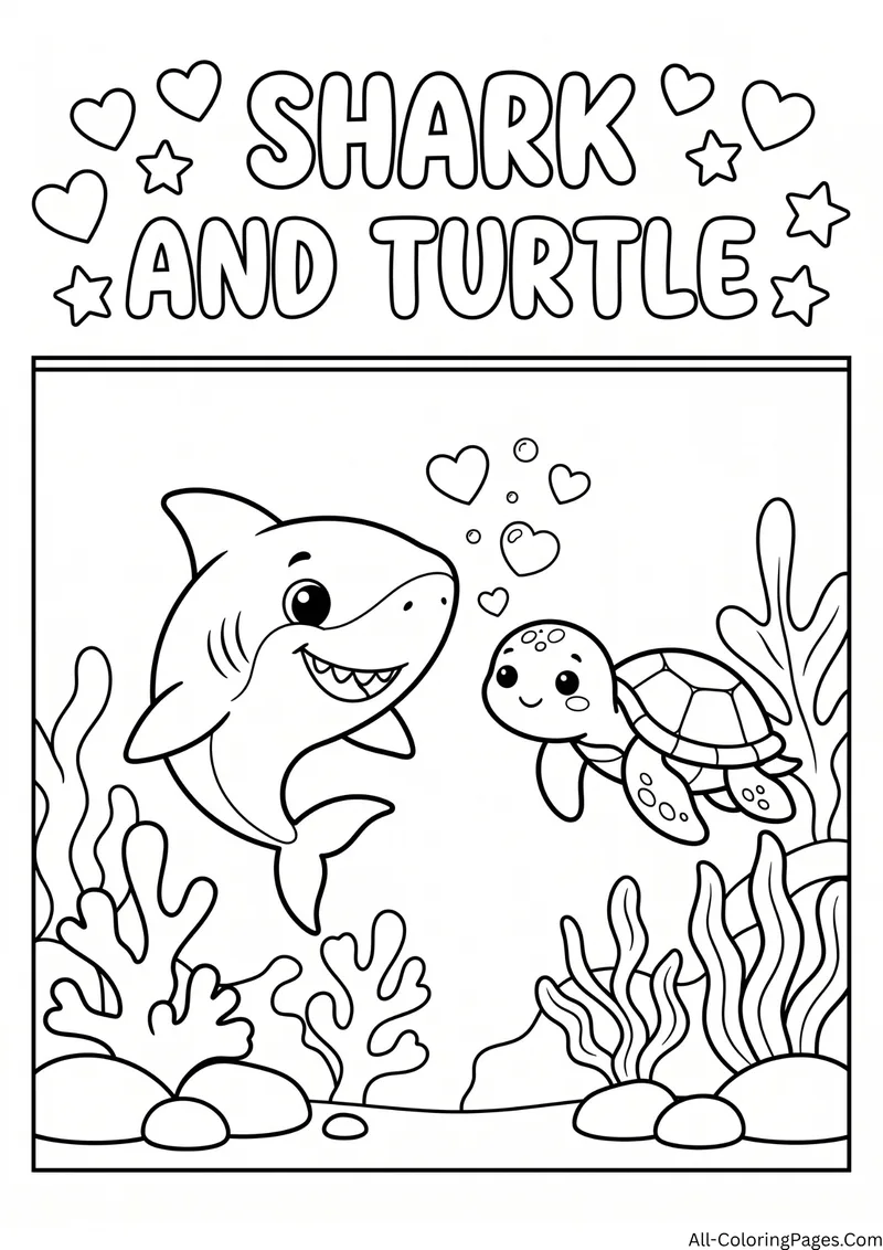 Cartoon shark smiling at a small sea turtle among seaweed and hearts, with the title Shark and Turtle
