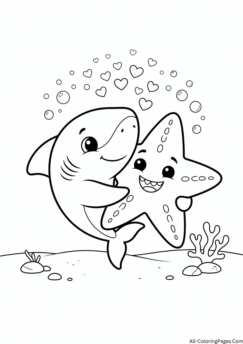 Cute shark hugging a smiling starfish on the sea floor with hearts and bubbles