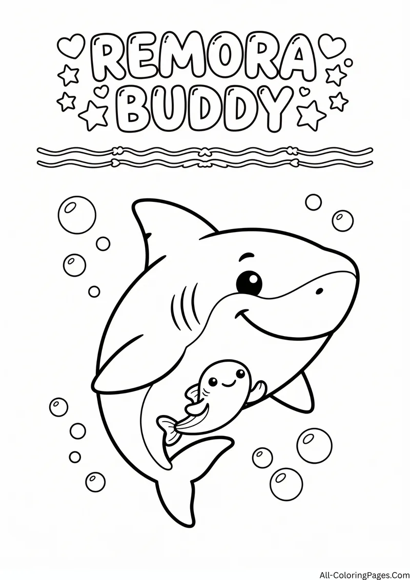 Smiling shark with a small remora fish swimming beneath it among bubbles, with the title Remora Buddy