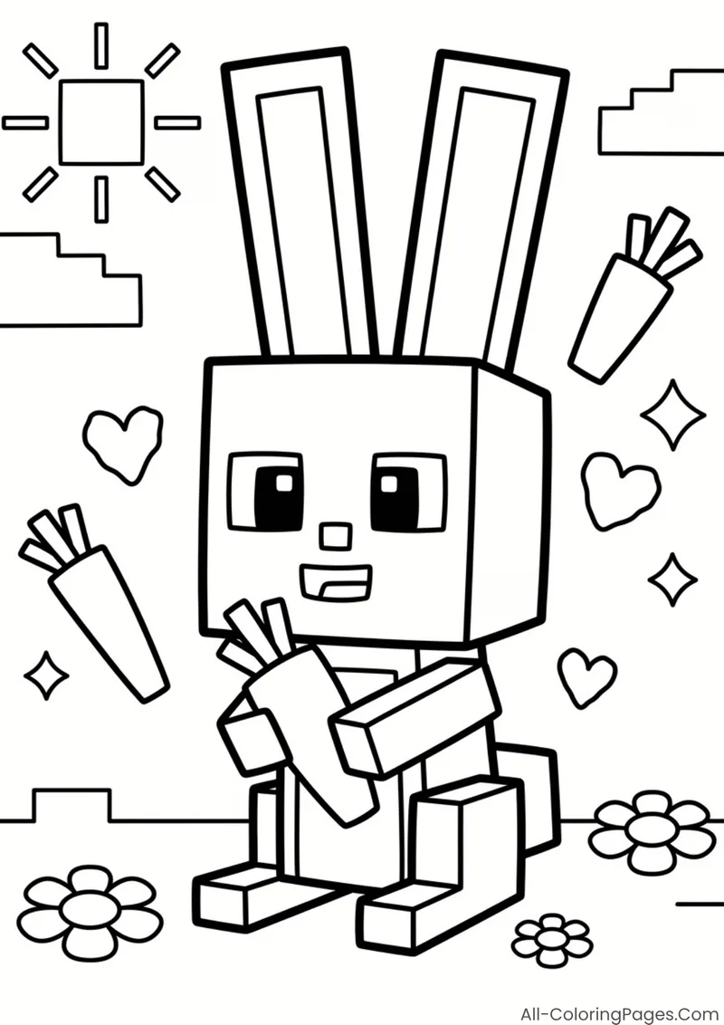 A long-eared blocky rabbit holding a carrot among flowers