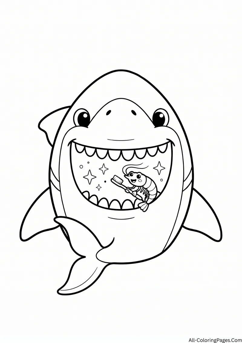 Shark with its mouth wide open while a small shrimp brushes its teeth with a toothbrush