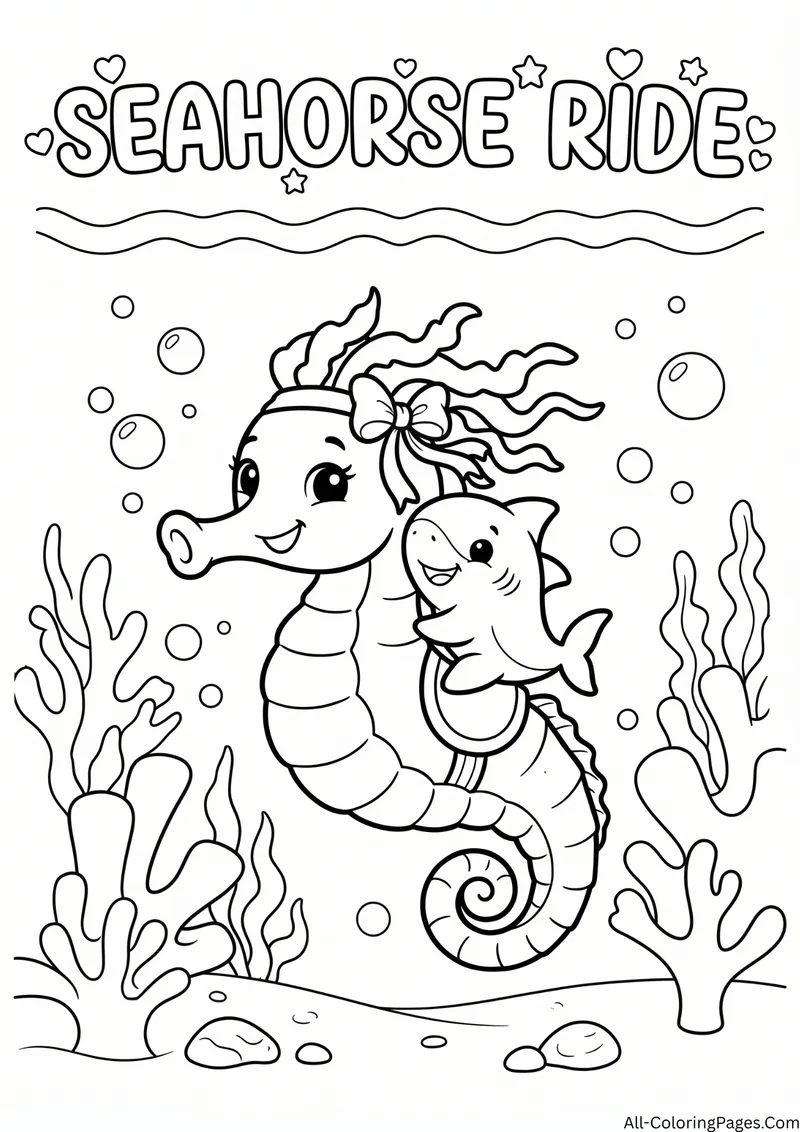 Baby shark riding a seahorse with a bow among coral and bubbles, with the title Seahorse Ride