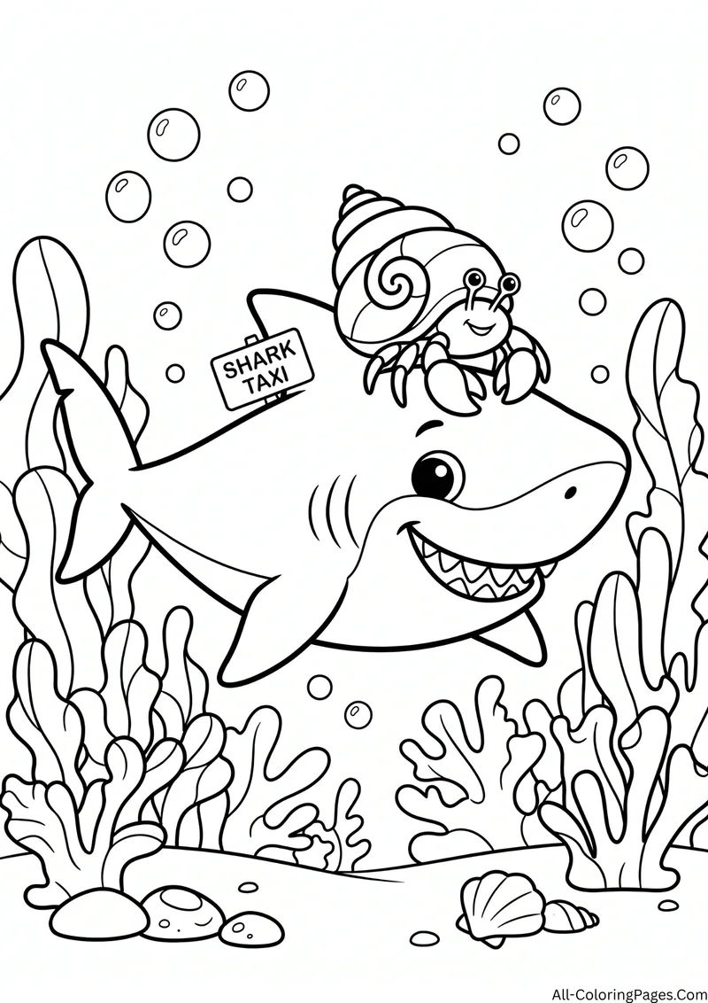 Hermit crab riding on top of a smiling shark wearing a Shark Taxi sign, with kelp and bubbles