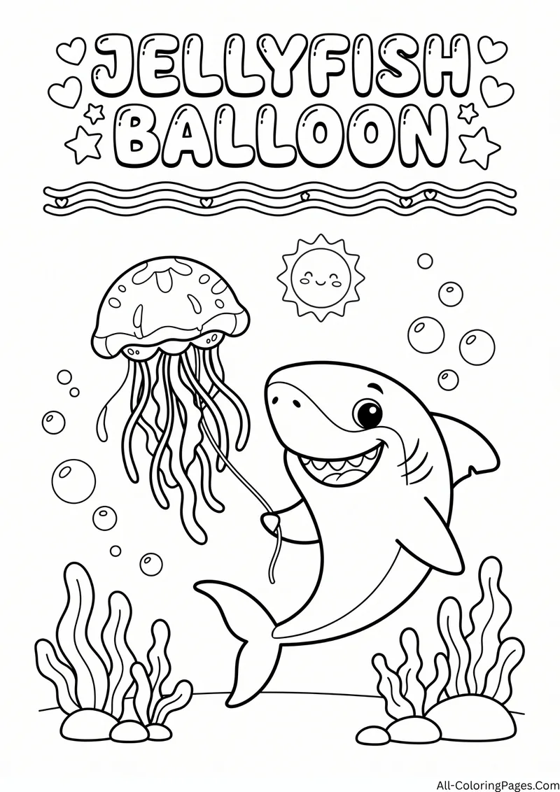 Shark holding a string tied to a jellyfish like a balloon, with a smiling sun and seaweed, and the title Jellyfish Balloon
