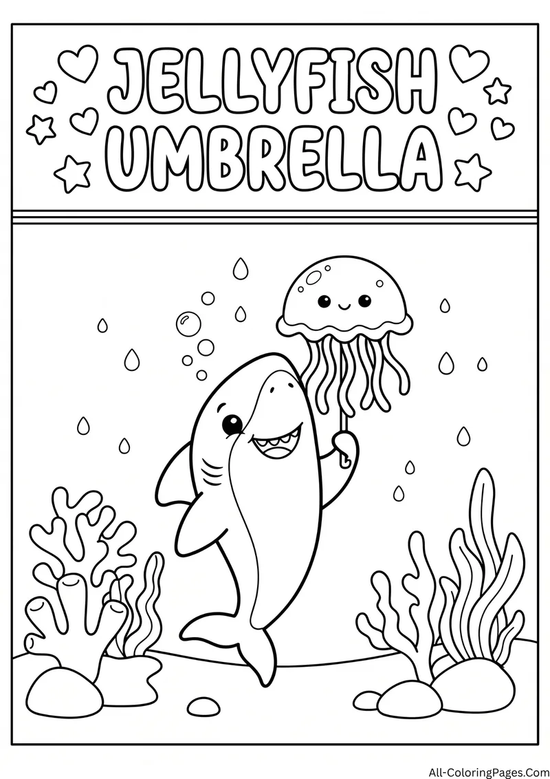 Shark holding a jellyfish like an umbrella while raindrops fall, with the title Jellyfish Umbrella