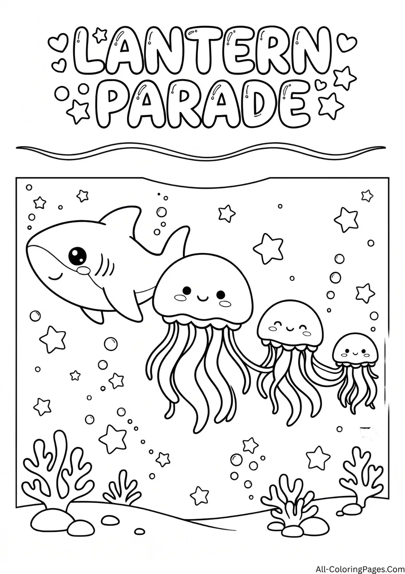 Shark leading a line of three smiling jellyfish among stars and coral, with the title Lantern Parade