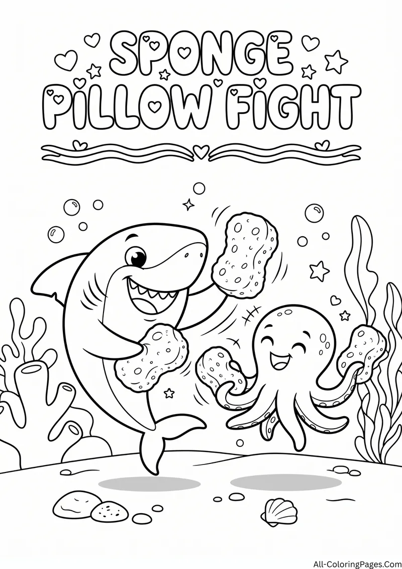 Shark and an octopus playing with sea sponges like pillows, with the title Sponge Pillow Fight