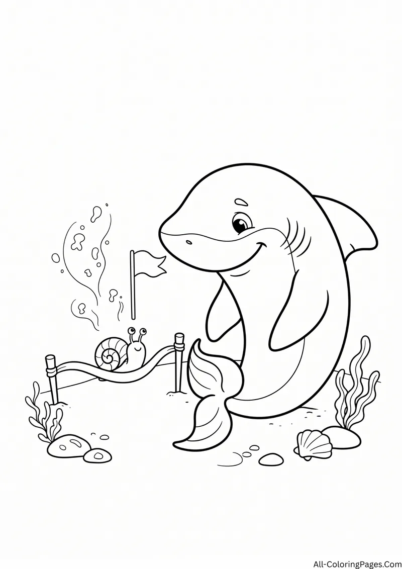 Shark watching a small snail cross a finish line ribbon next to a flag on the sea floor