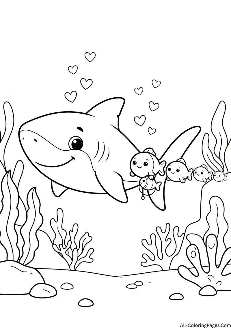 Smiling shark swimming with a line of small baby fish among seaweed and hearts