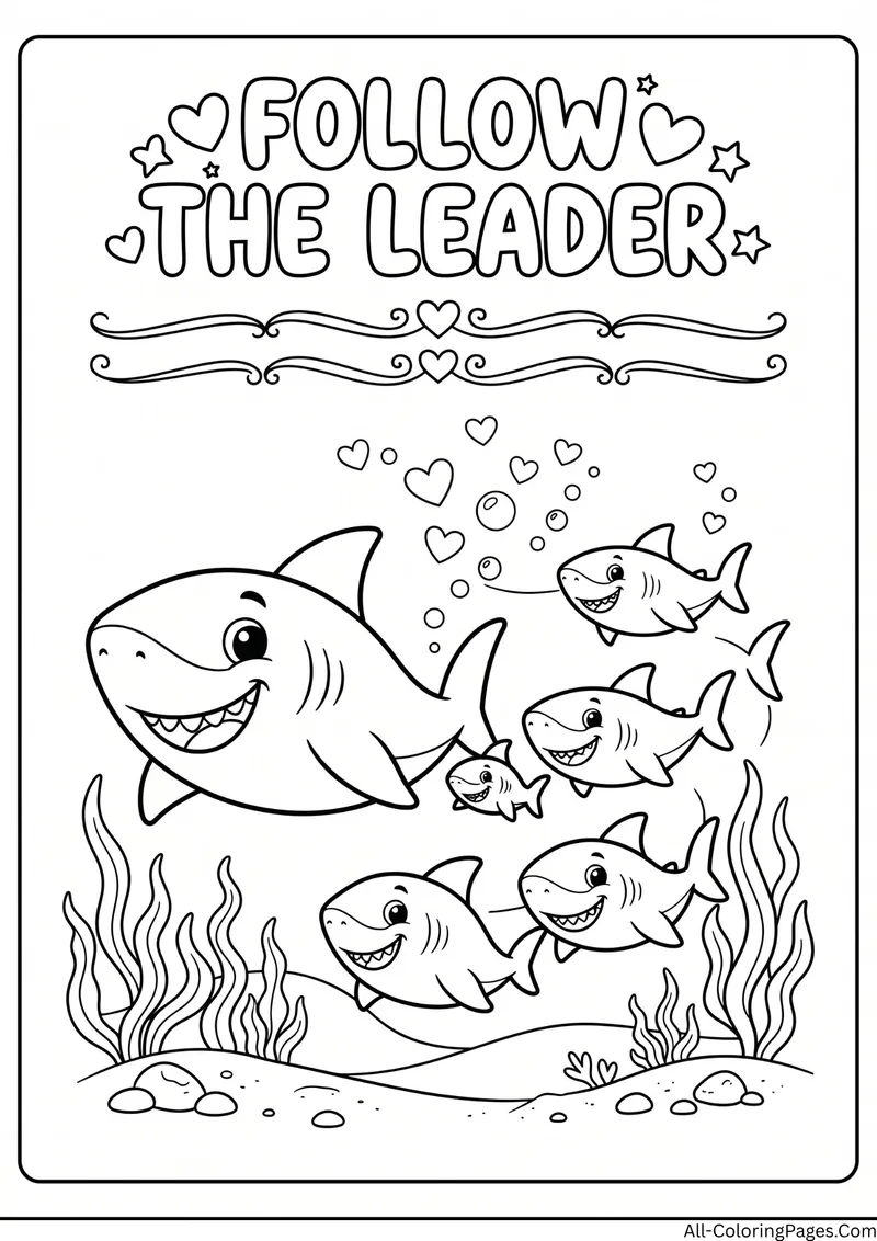Big shark leading four small sharks and a fish among hearts and seaweed, with the title Follow the Leader