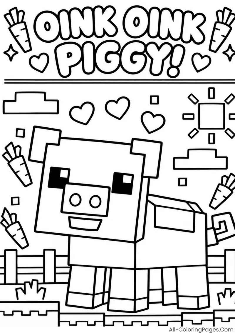 A smiling pig surrounded by carrots under an Oink Oink Piggy heading