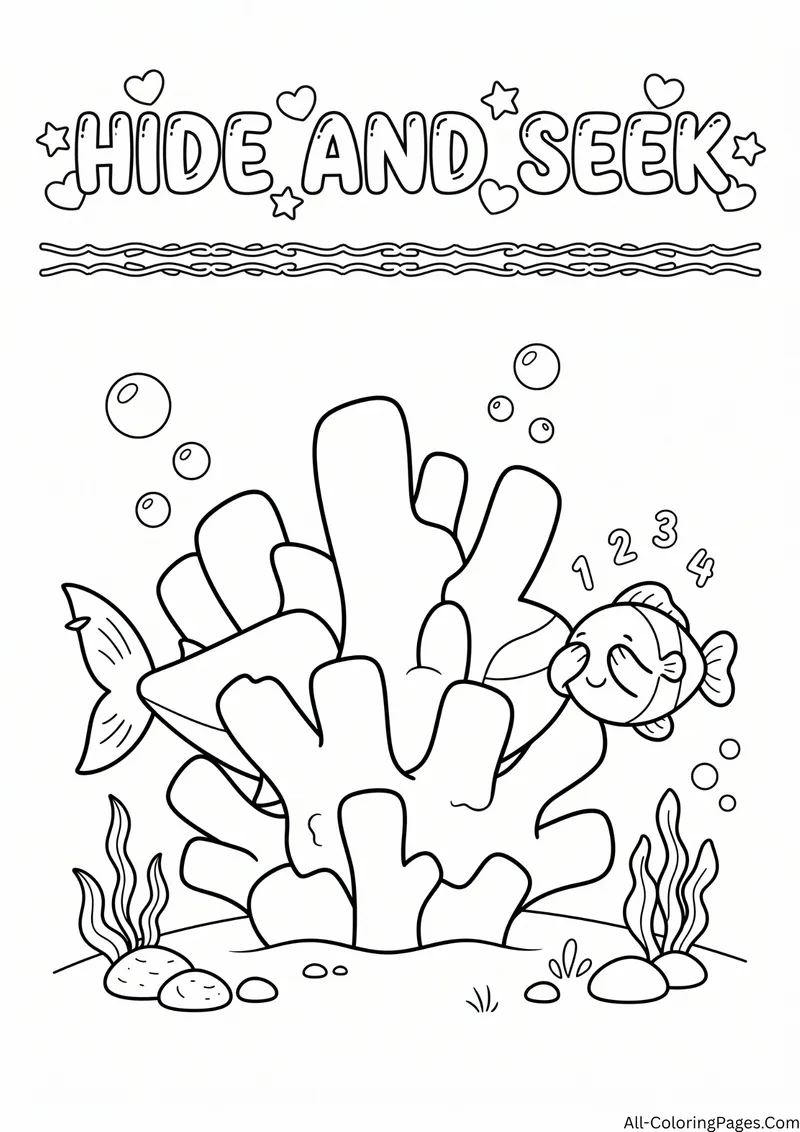 Shark hiding behind coral while a clownfish covers its eyes and counts, with the title Hide and Seek