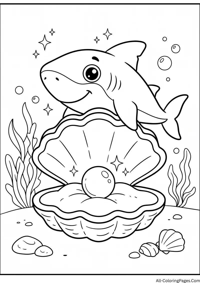 Shark looking down at an open clam holding a pearl, with seaweed and sparkles