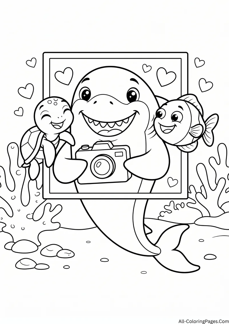 Shark holding a camera inside a picture frame with a sea turtle and a clownfish, with hearts