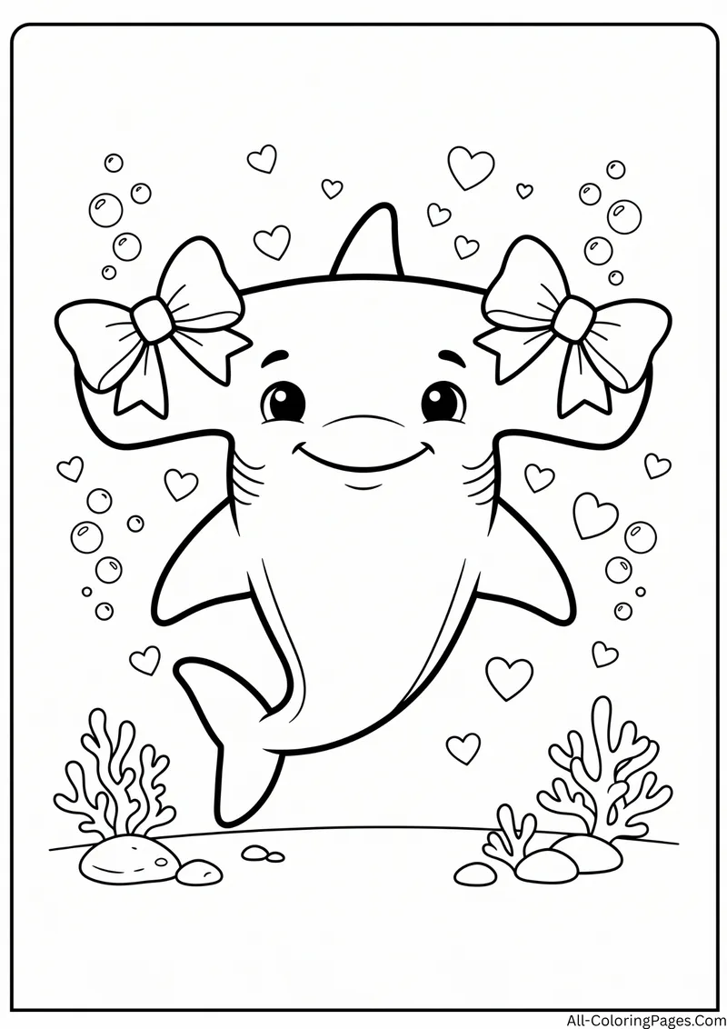 Smiling hammerhead shark wearing a bow on each side of its head, with hearts and bubbles