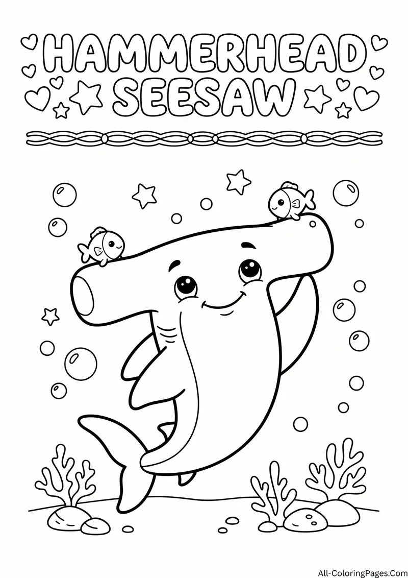 Hammerhead shark with two small fish balancing on its head, with the title Hammerhead Seesaw