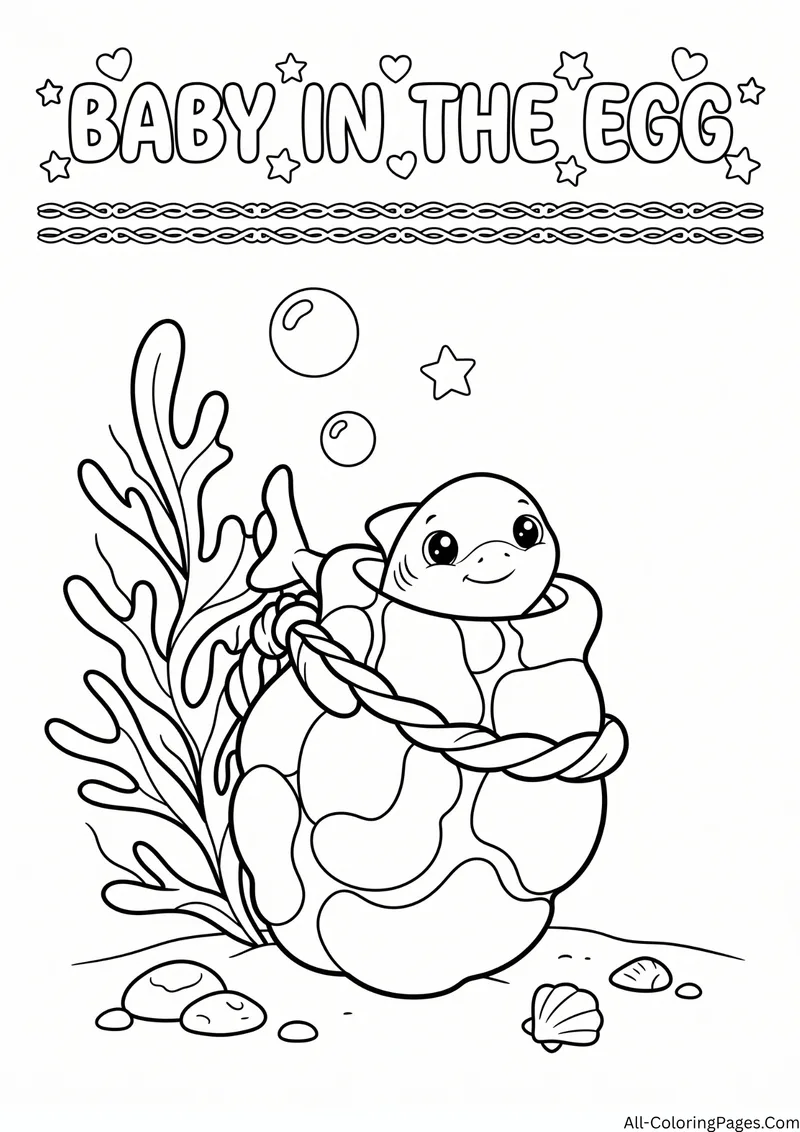 Baby shark peeking out of a shark egg case with curly tendrils among seaweed, with the title Baby in the Egg