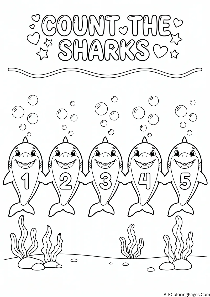 Five cartoon sharks in a row numbered 1 to 5 with bubbles, with the title Count the Sharks