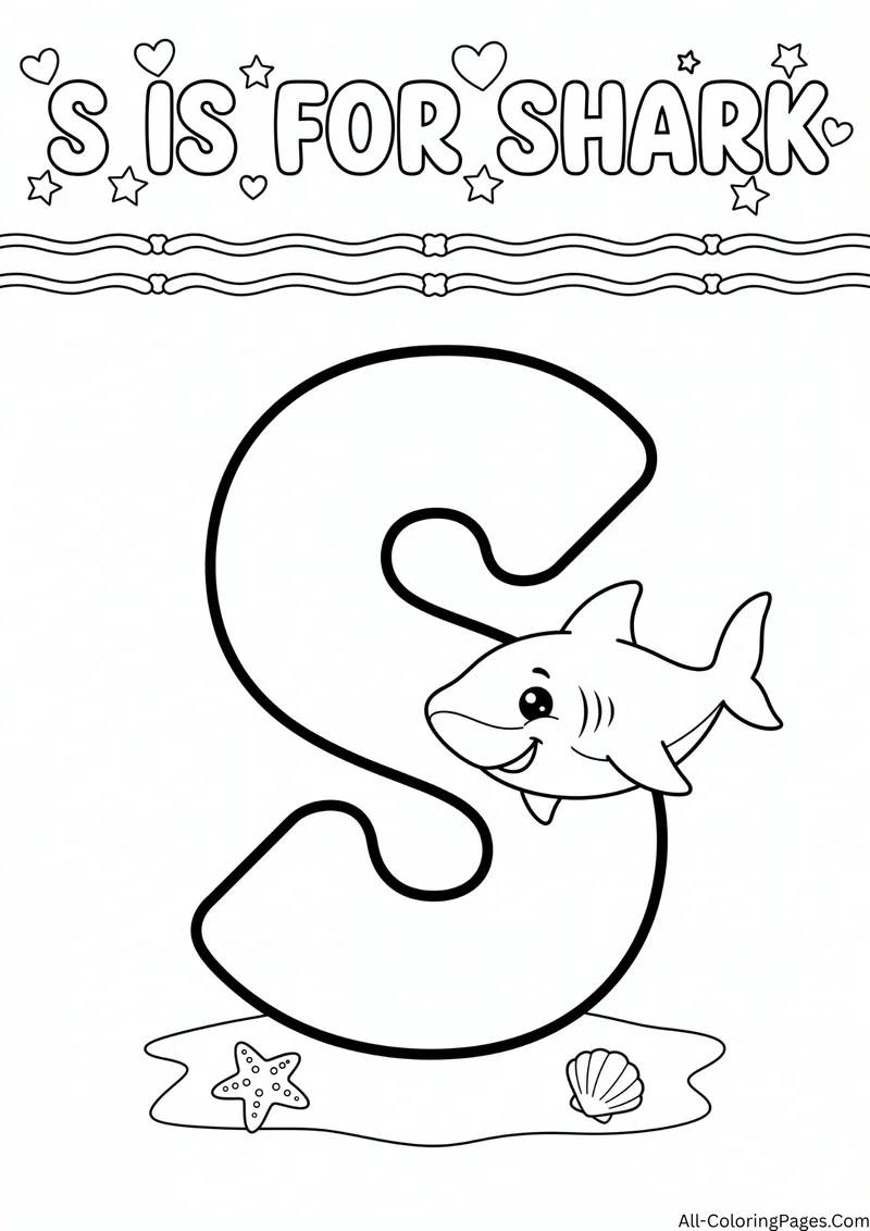 Large bubble letter S with a small smiling shark, with the title S Is for Shark