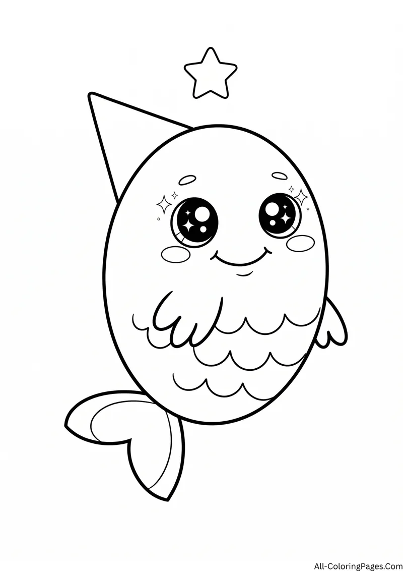 Round oval shaped cartoon shark with a triangle fin, big sparkly eyes and a star above it