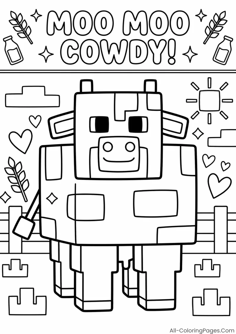 A friendly blocky cow beneath a Moo Moo Cowdy heading