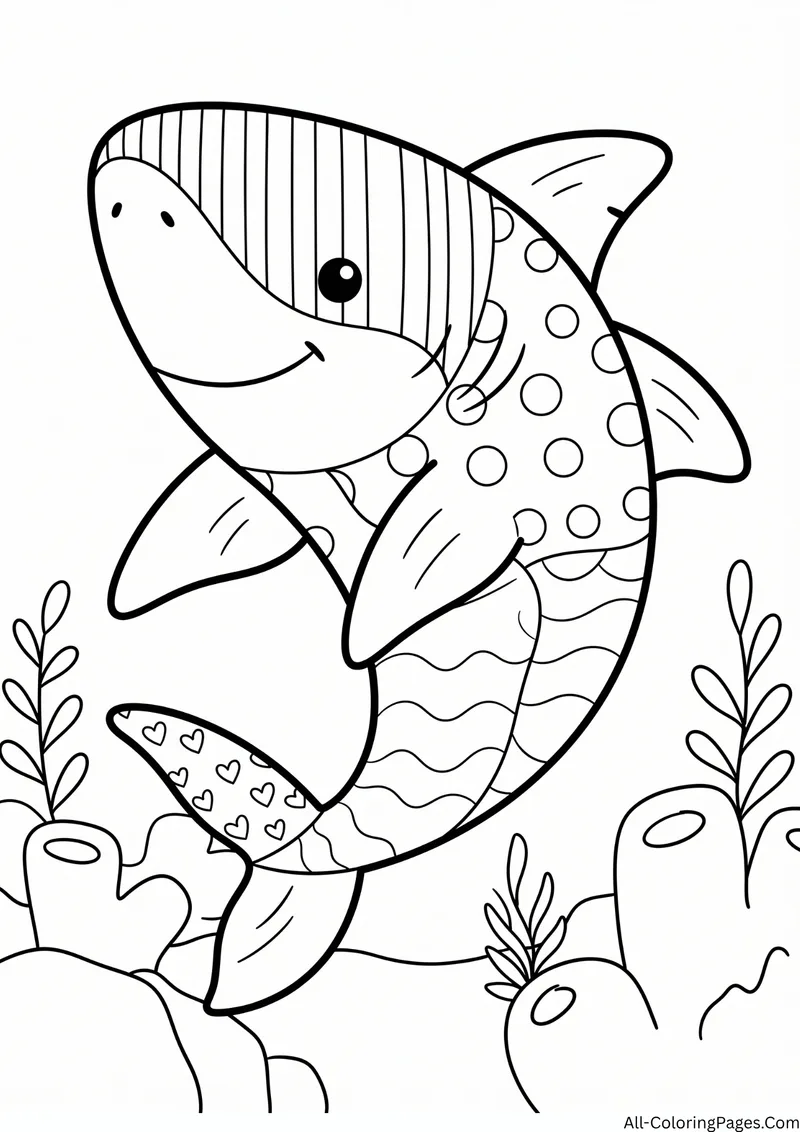 Shark decorated with stripes, dots, waves and hearts swimming above coral