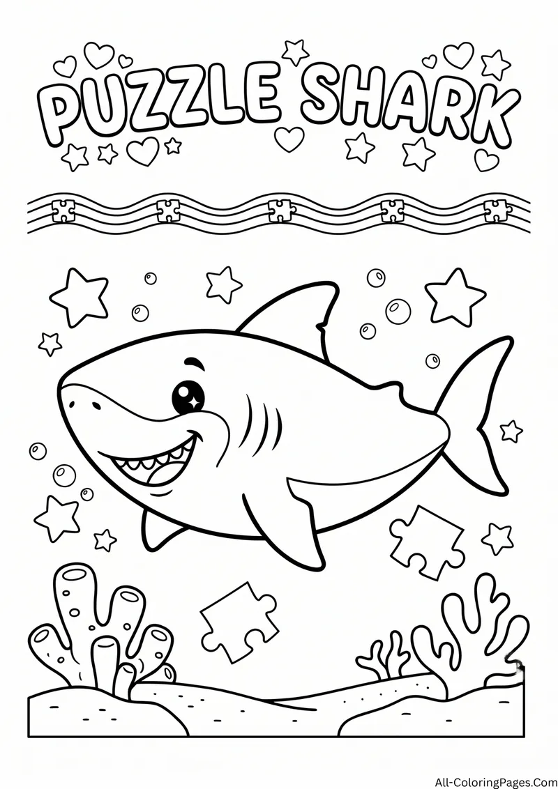 Smiling shark with floating puzzle pieces and stars over coral, with the title Puzzle Shark