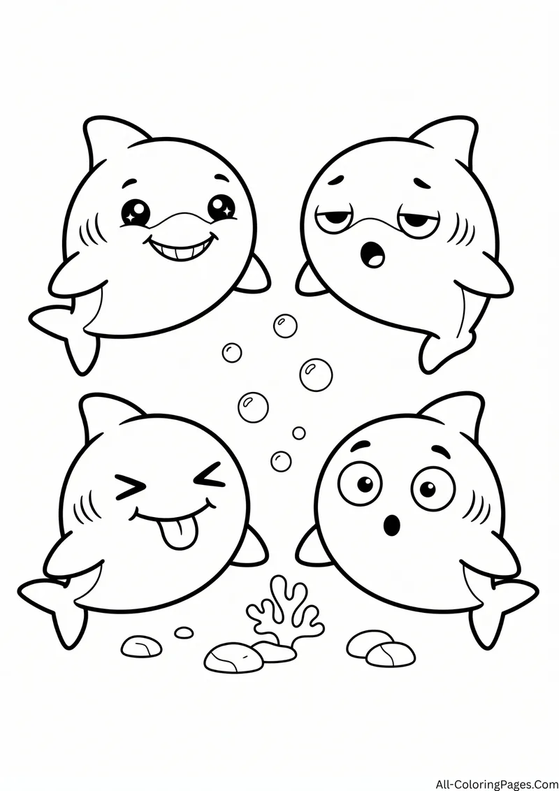 Four round cartoon sharks with happy, sleepy, silly and surprised faces