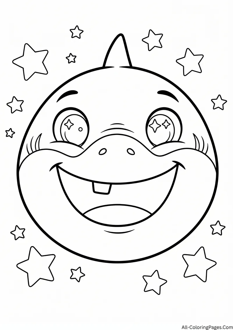 Large round shark face with a wide smile showing one tooth, surrounded by stars