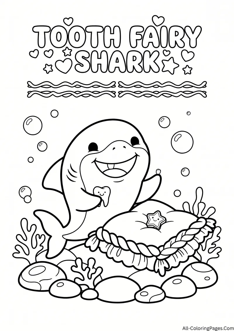 Shark holding a small tooth above a pillow with a star, with bubbles and rocks, and the title Tooth Fairy Shark
