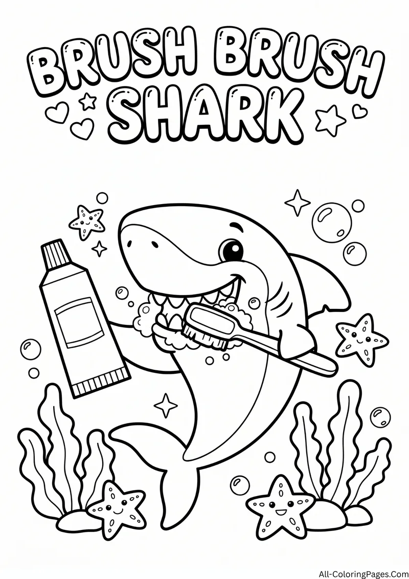 Shark brushing its teeth with a toothbrush and toothpaste among starfish, with the title Brush Brush Shark