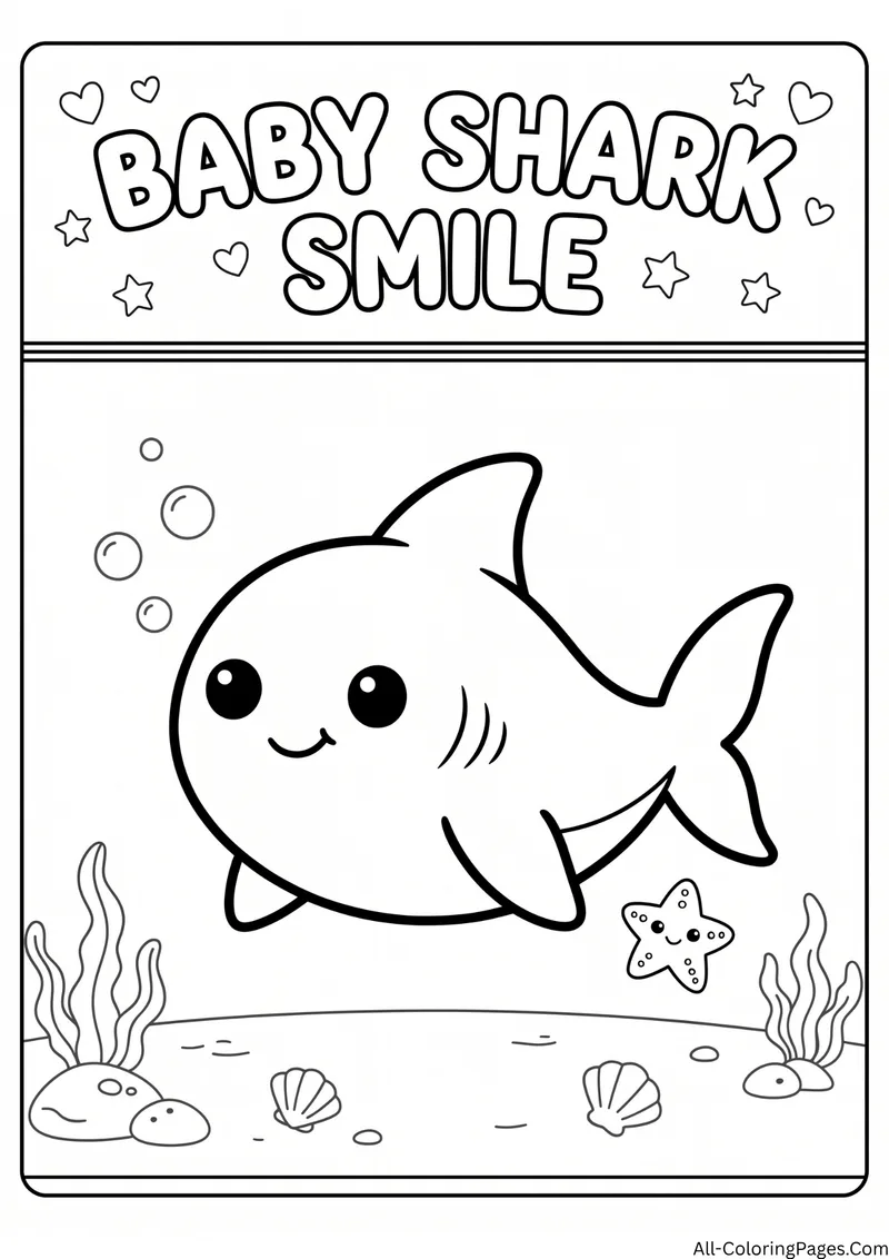 Simple smiling baby shark swimming above the sea floor with a starfish, with the title Baby Shark Smile