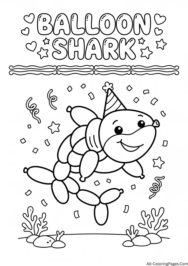 Balloon animal shark wearing a party hat with confetti and hearts, with the title Balloon Shark
