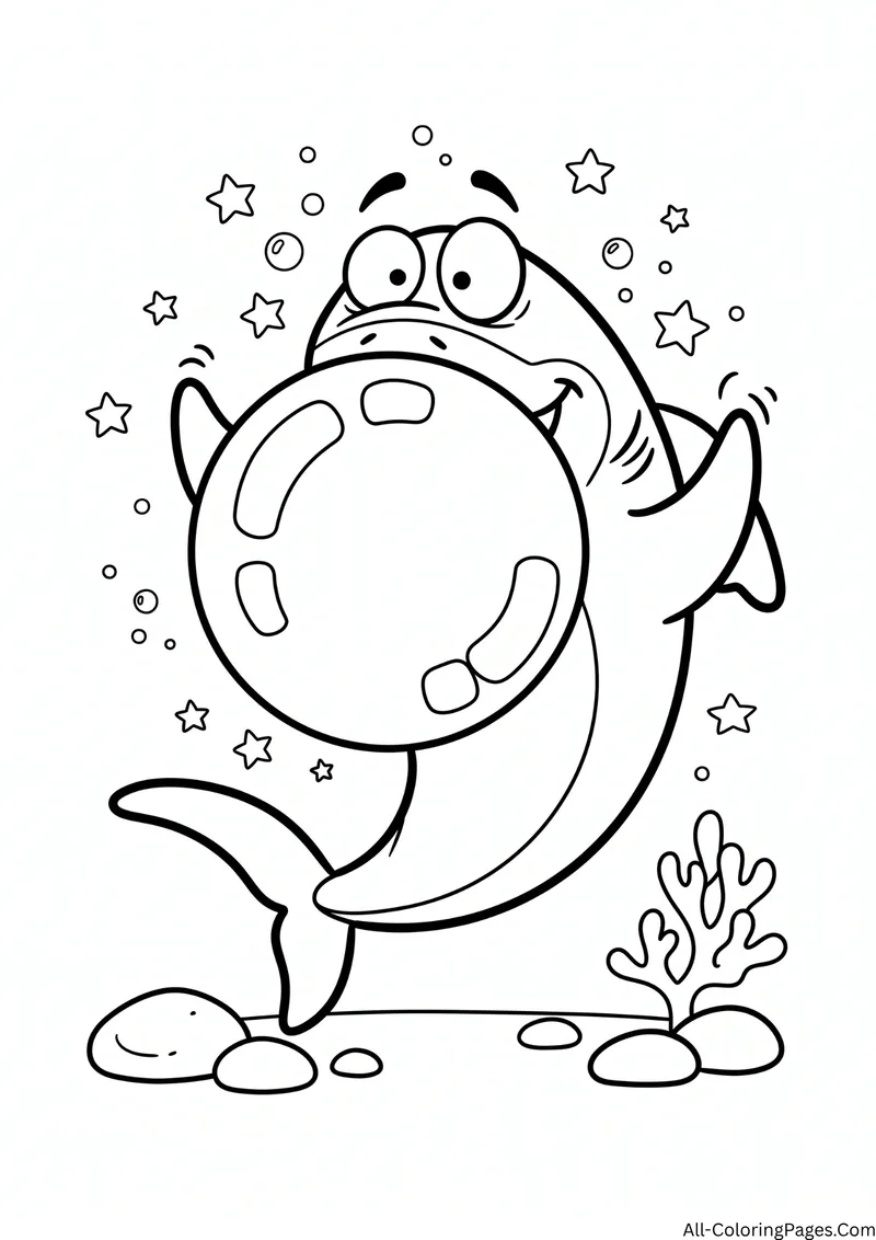 Shark blowing a giant bubble gum bubble with stars and coral