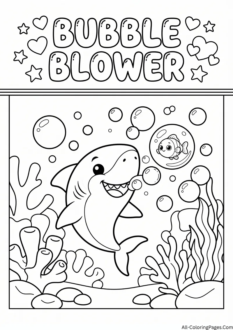 Shark blowing bubbles with a clownfish inside one bubble among coral, with the title Bubble Blower
