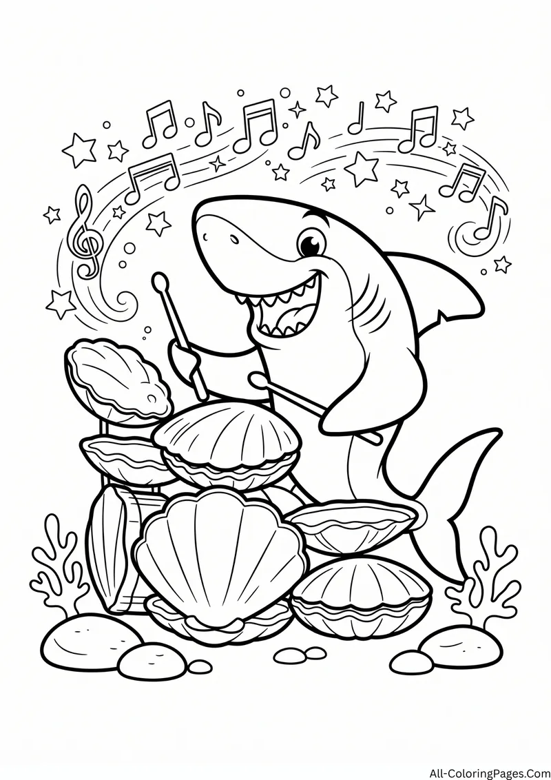 Shark playing drums made of clam shells with drumsticks and music notes