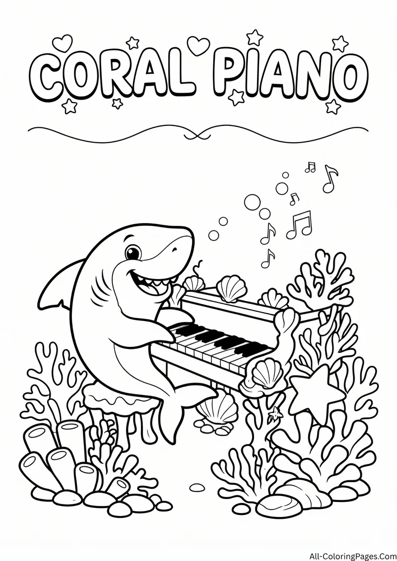 Shark playing a piano surrounded by coral with music notes, with the title Coral Piano