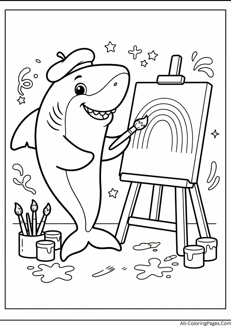 Shark in a beret painting a rainbow on an easel with brushes and paint pots