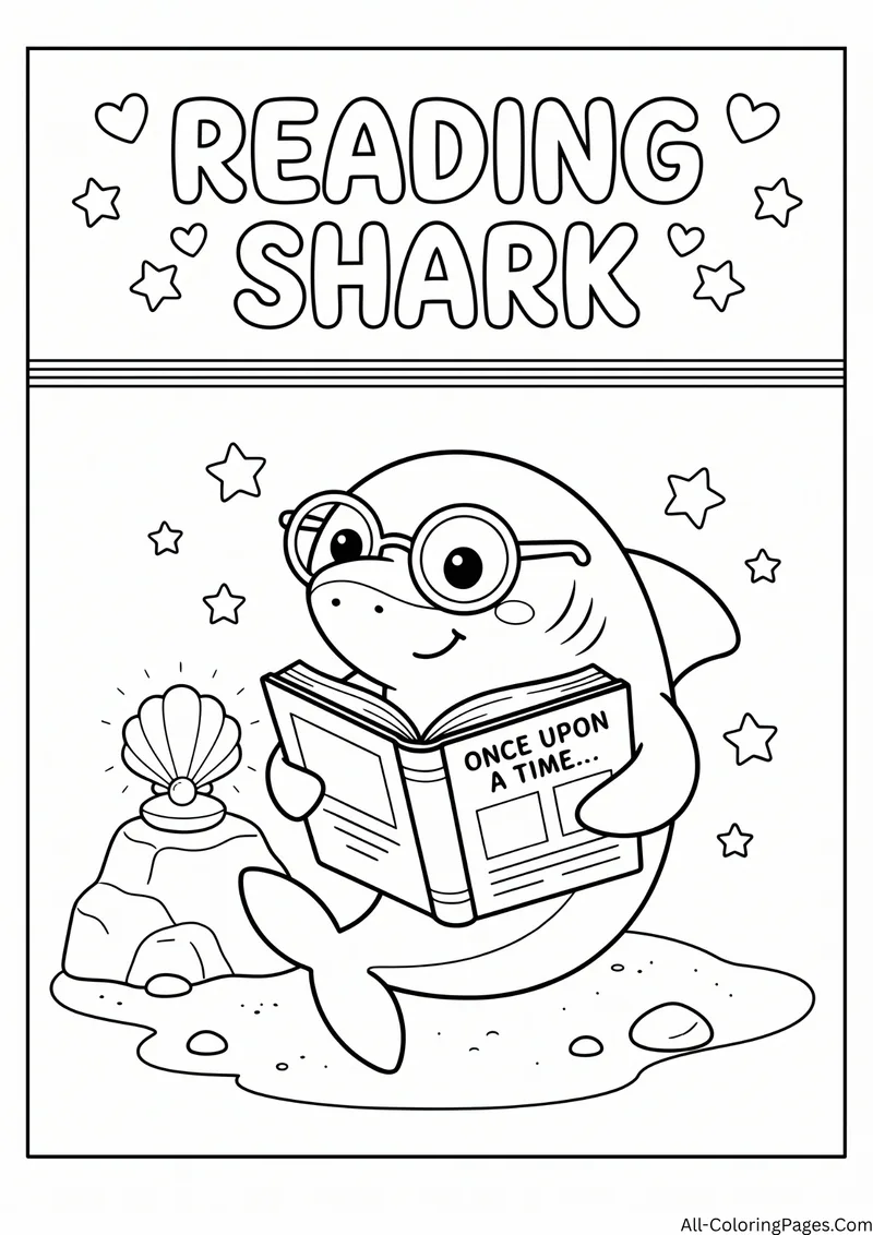 Shark wearing glasses reading a book titled Once Upon a Time, with stars, and the title Reading Shark