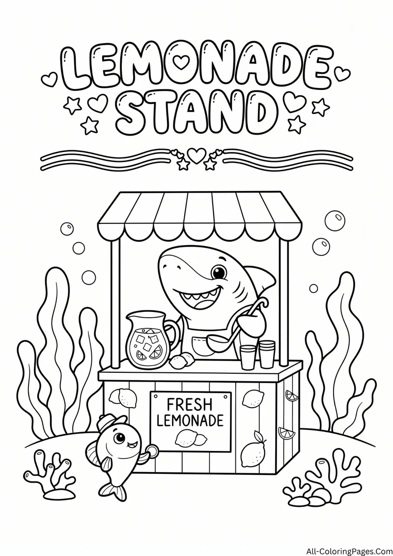 Shark selling lemonade at a stand with a Fresh Lemonade sign and a fish customer, with the title Lemonade Stand