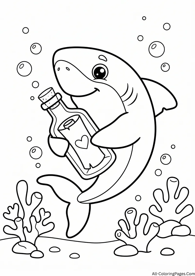 Shark holding a corked bottle with a heart message inside, with coral and bubbles